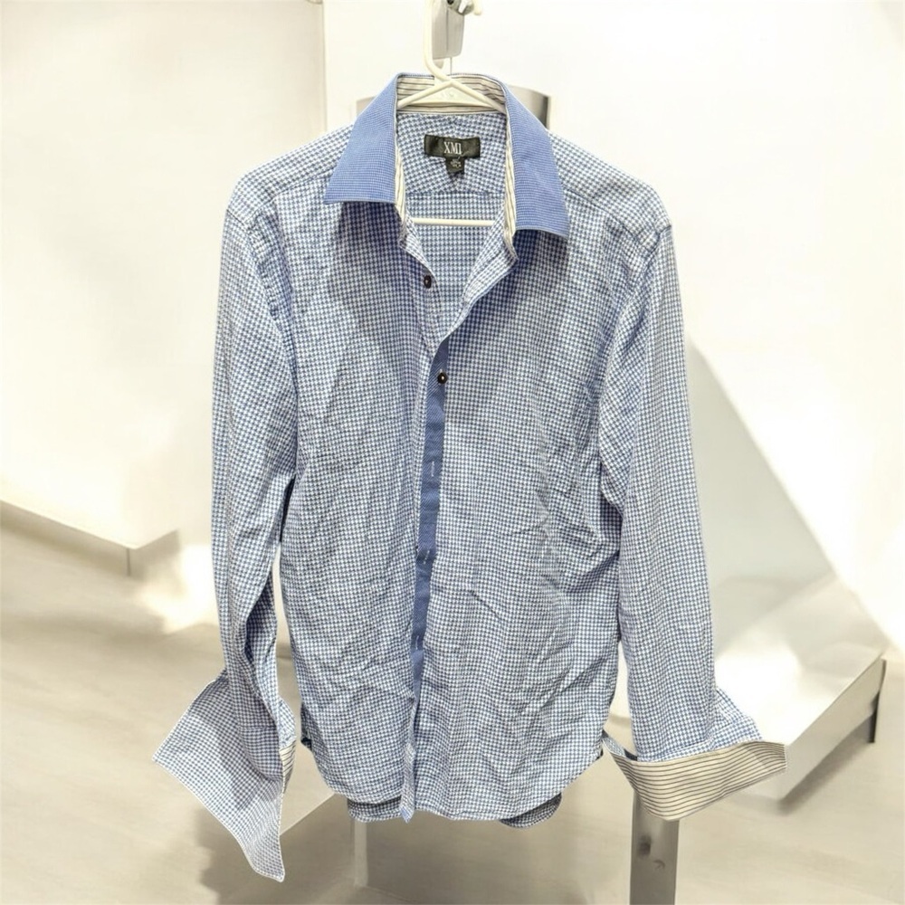 XMI Blue Checkered Shirt with cuff links 100% cotton LARGE